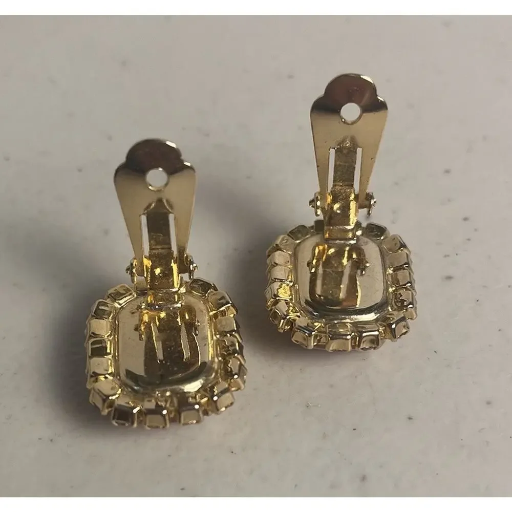 Pink Moonstone Art Glass Rhinestones Clip On Earrings 50s 60s MCM Mod Gold Tone